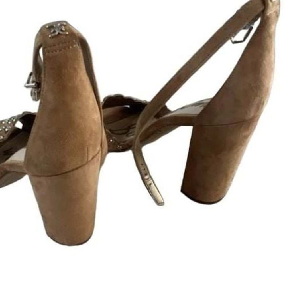 Sam Edelman Yaria Tan Suede Studded Scalloped Heeled Sandals - Picture 4 of 7